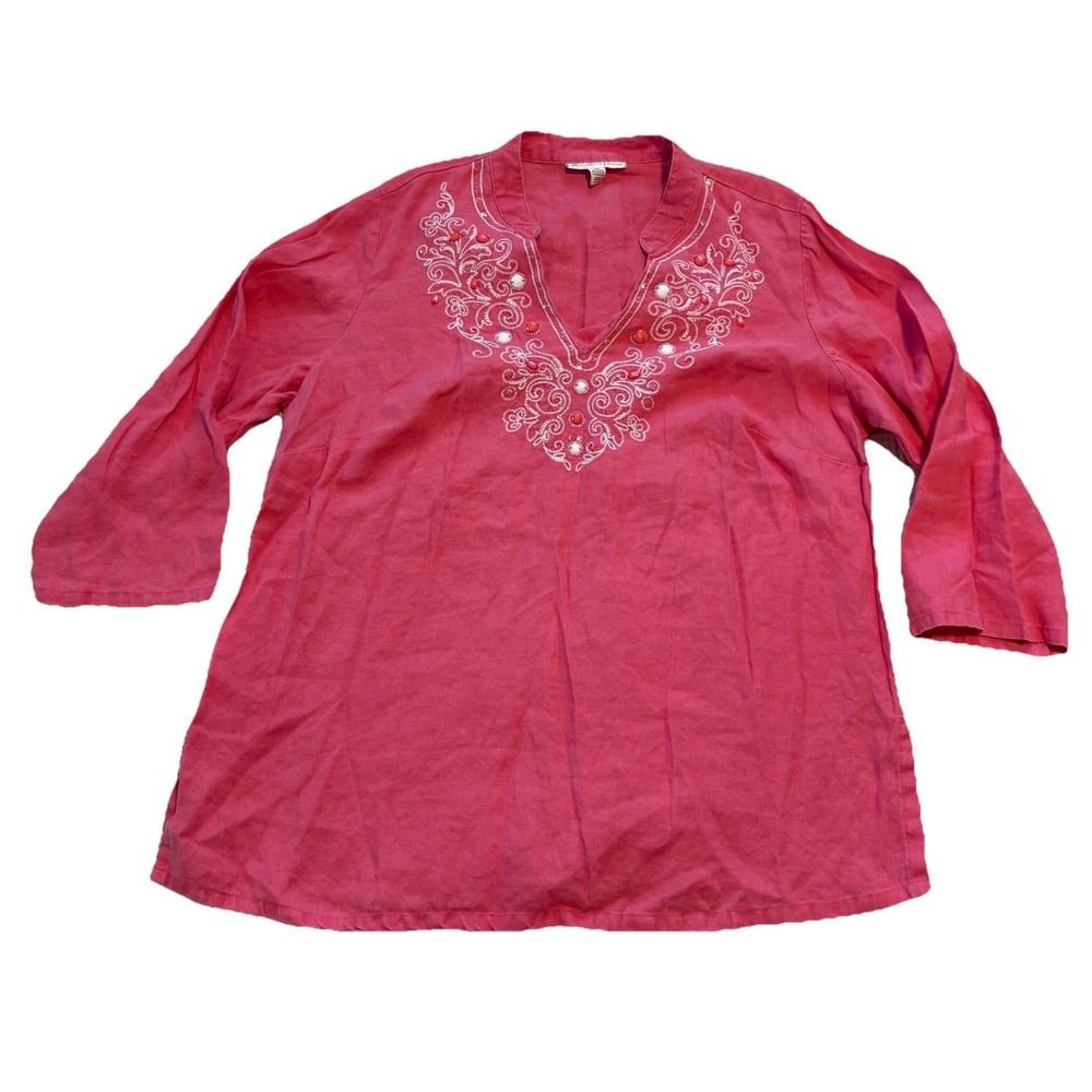 JM Collection Tunic Top Women's 14 100% Linen Embroidered Beach Coastal Resort